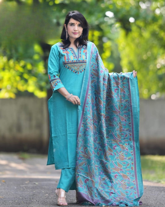 Sky Blue Embroidered Cotton Flex Kurta and Pant Set with Dupatta