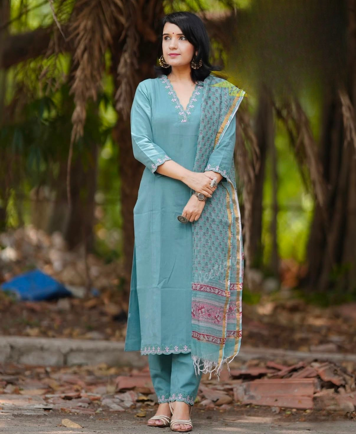 Slate Blue Embroidered Cotton Kurta and Pant Set with Dupatta
