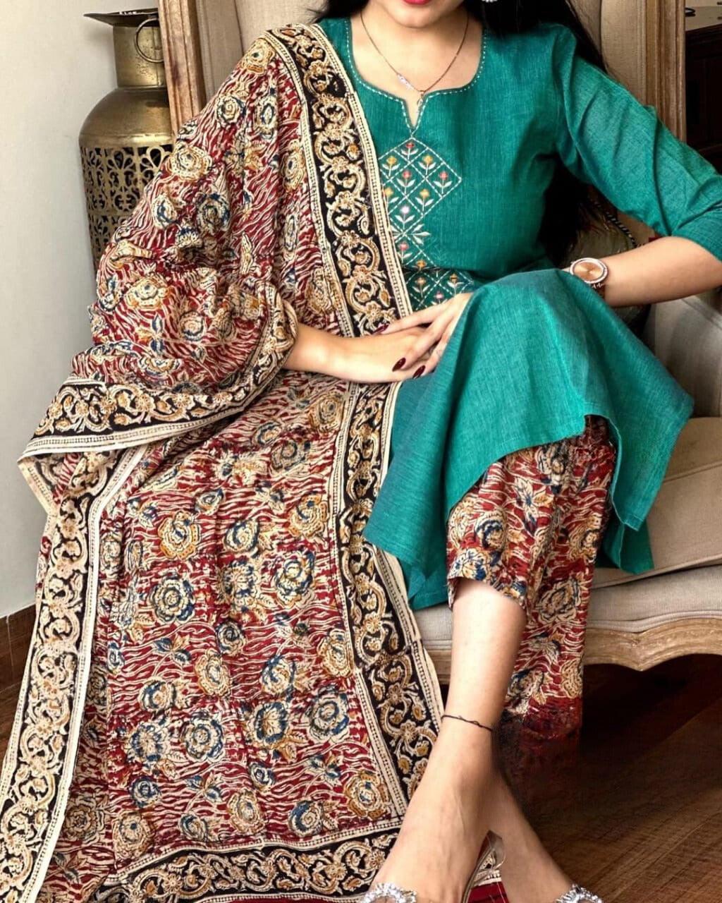 Persian Green Embroidered Handloom Cotton Suit Set with Dupatta