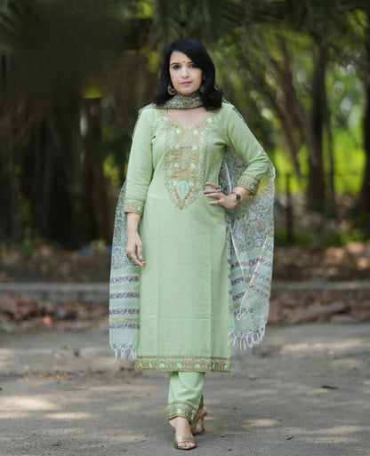 Light Green Embroidered Cotton Kurta and Pant Set with Dupatta