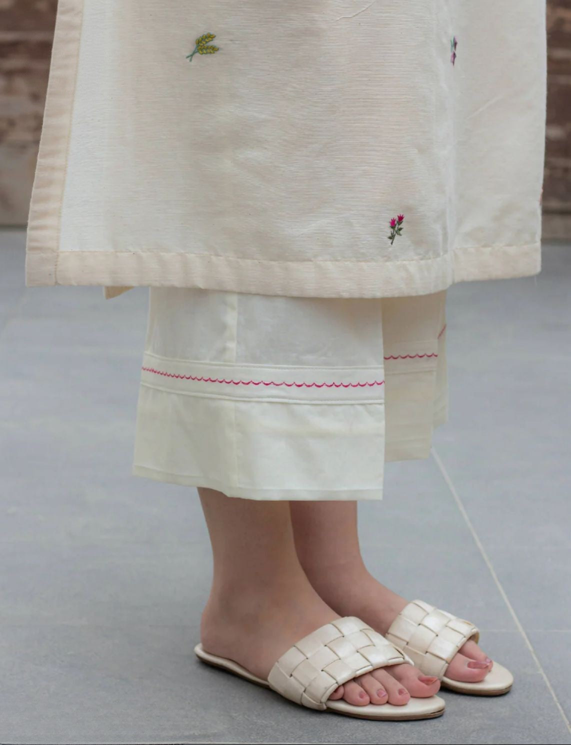 Off White Embroidered Cotton Kurta and Pant Set