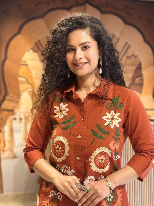 Brownish Red Embroidered Cotton Slub Co-Ord Set