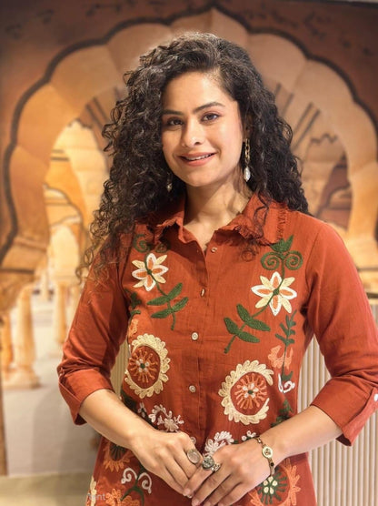 Brownish Red Embroidered Cotton Slub Co-Ord Set