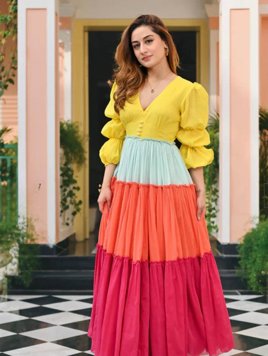 Yellow Orange Multicolored Embellished Rayon Anarkali Gown
