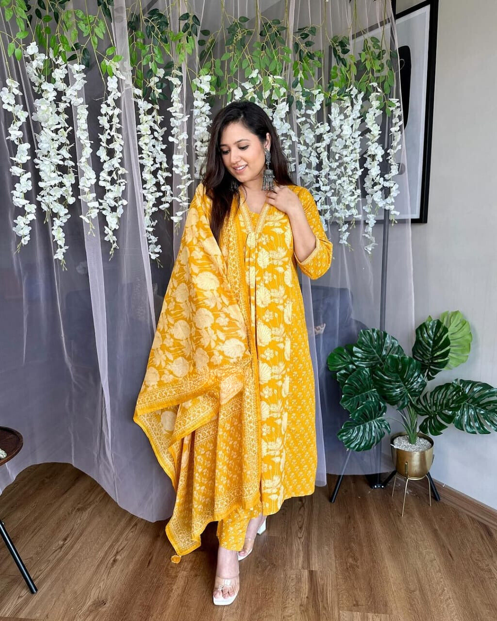 Yellow Floral Printed Cotton Kurta and Pant Set with Dupatta