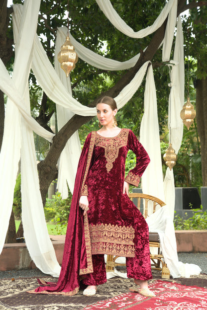 Maroon Designer Velvet Pakistani Suit Set