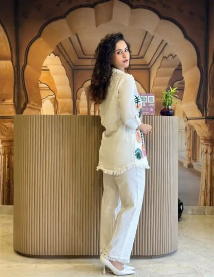 White Embroidered Cotton Flex Co-Ord Set