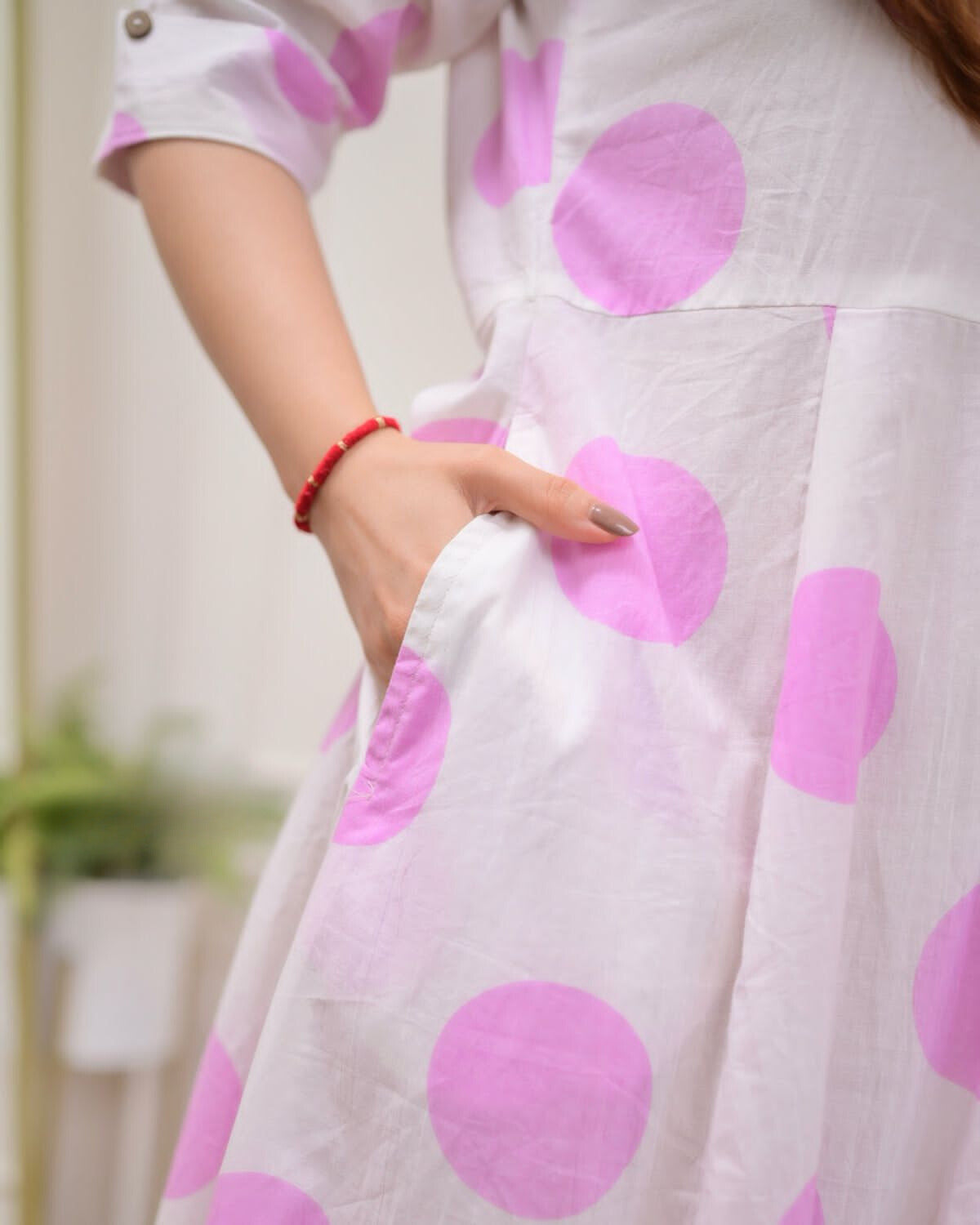 White Pink Polka Dot Printed Rayon Anarkali Gown