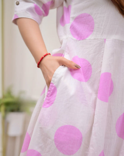 White Pink Polka Dot Printed Rayon Anarkali Gown