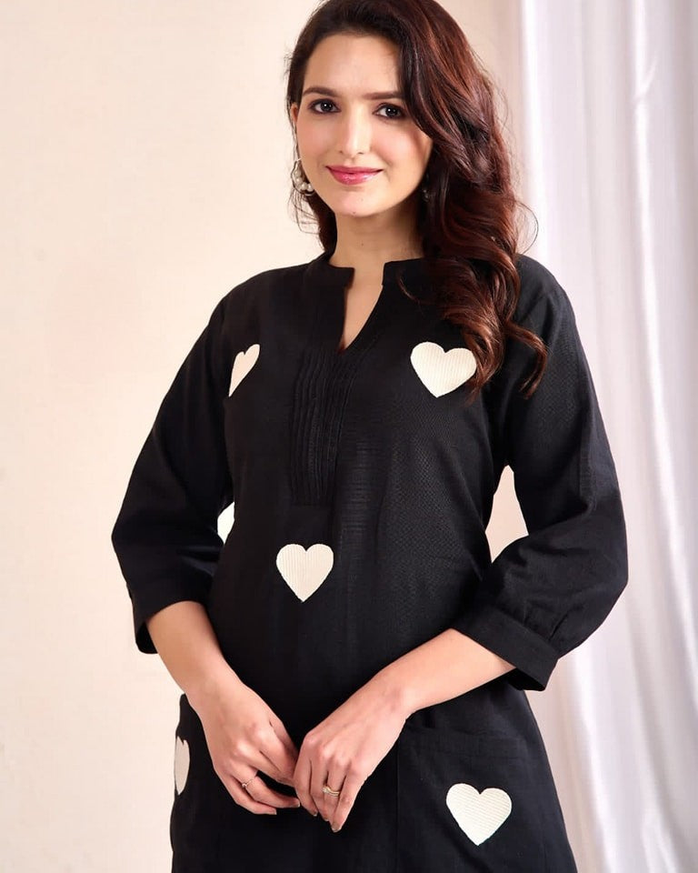 Black Heart Embroidered Cotton Kurta and Pant Set