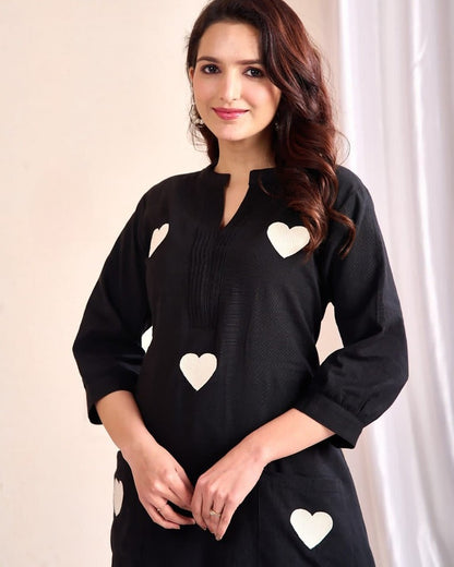 Black Heart Embroidered Cotton Kurta and Pant Set