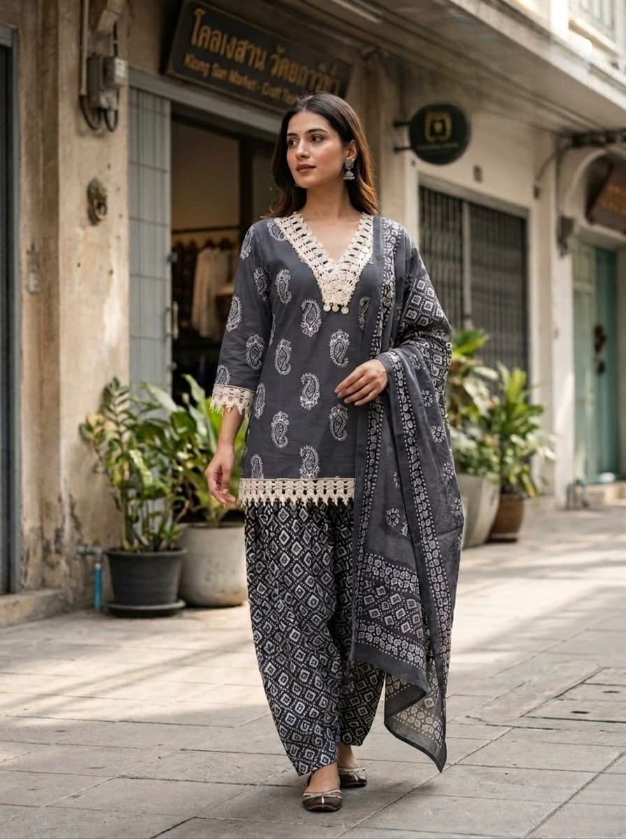 Grey Printed Cotton Farsi Salwar Suit Set with Dupatta