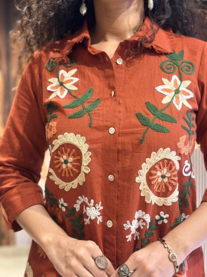 Brownish Red Embroidered Cotton Slub Co-Ord Set