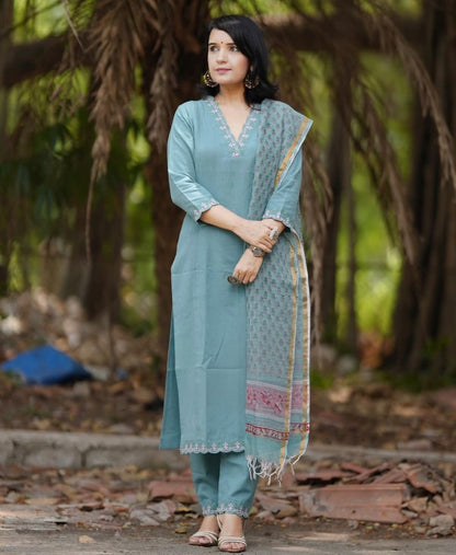Slate Blue Embroidered Cotton Kurta and Pant Set with Dupatta