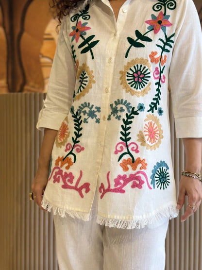 White Embroidered Cotton Flex Co-Ord Set