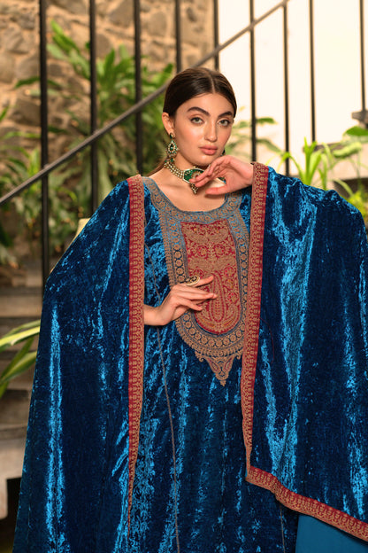 Blue Designer Velvet Pakistani Suit Set