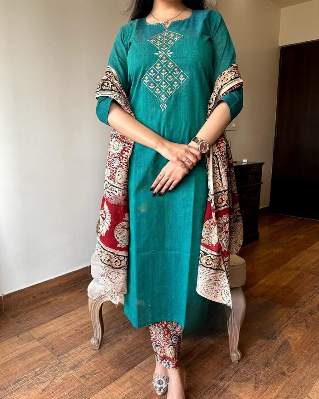 Persian Green Embroidered Handloom Cotton Suit Set with Dupatta Style Jaipur Persian Green Embroidered Handloom Cotton Suit Set with Dupatta Style Jaipur