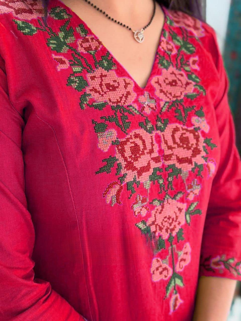 Red Embroidered Cotton Flex Kurta and Pant Set