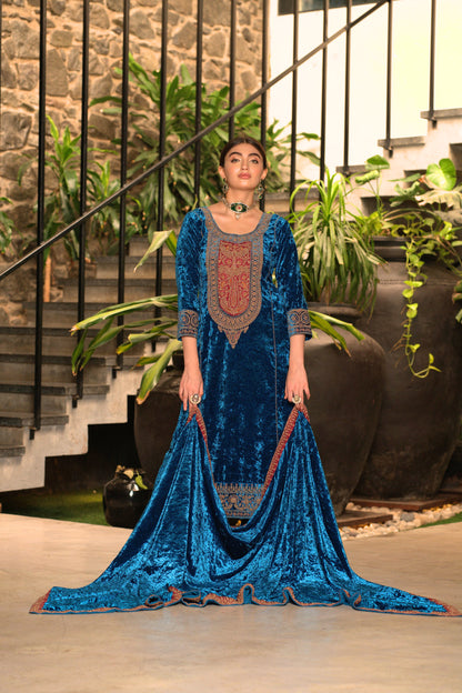 Blue Designer Velvet Pakistani Suit Set