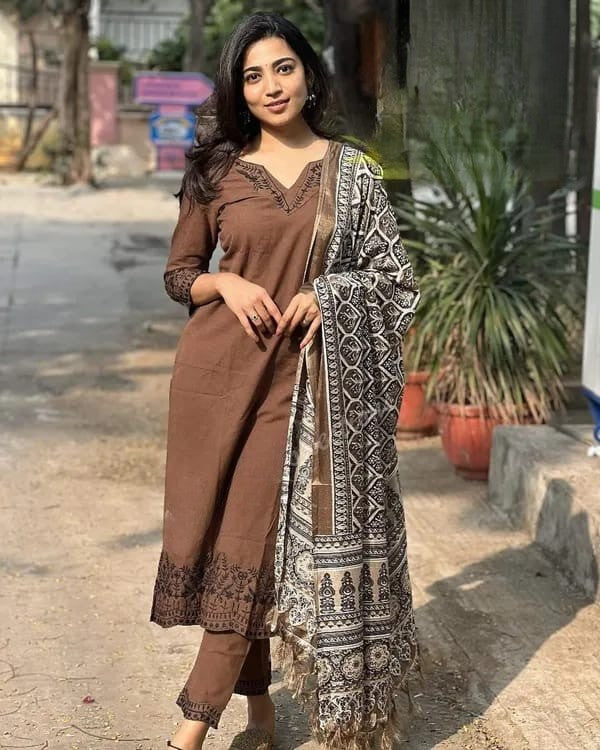 Brown Embroidered Cotton Suit Set with Dupatta