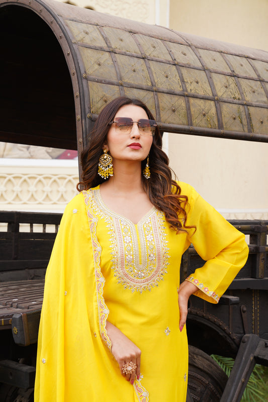 Yellow Embroidered Pure Chinon Kurta and Palazzo Set with Dupatta
