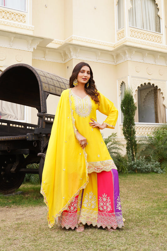 Yellow Embroidered Pure Chinon Kurta and Palazzo Set with Dupatta
