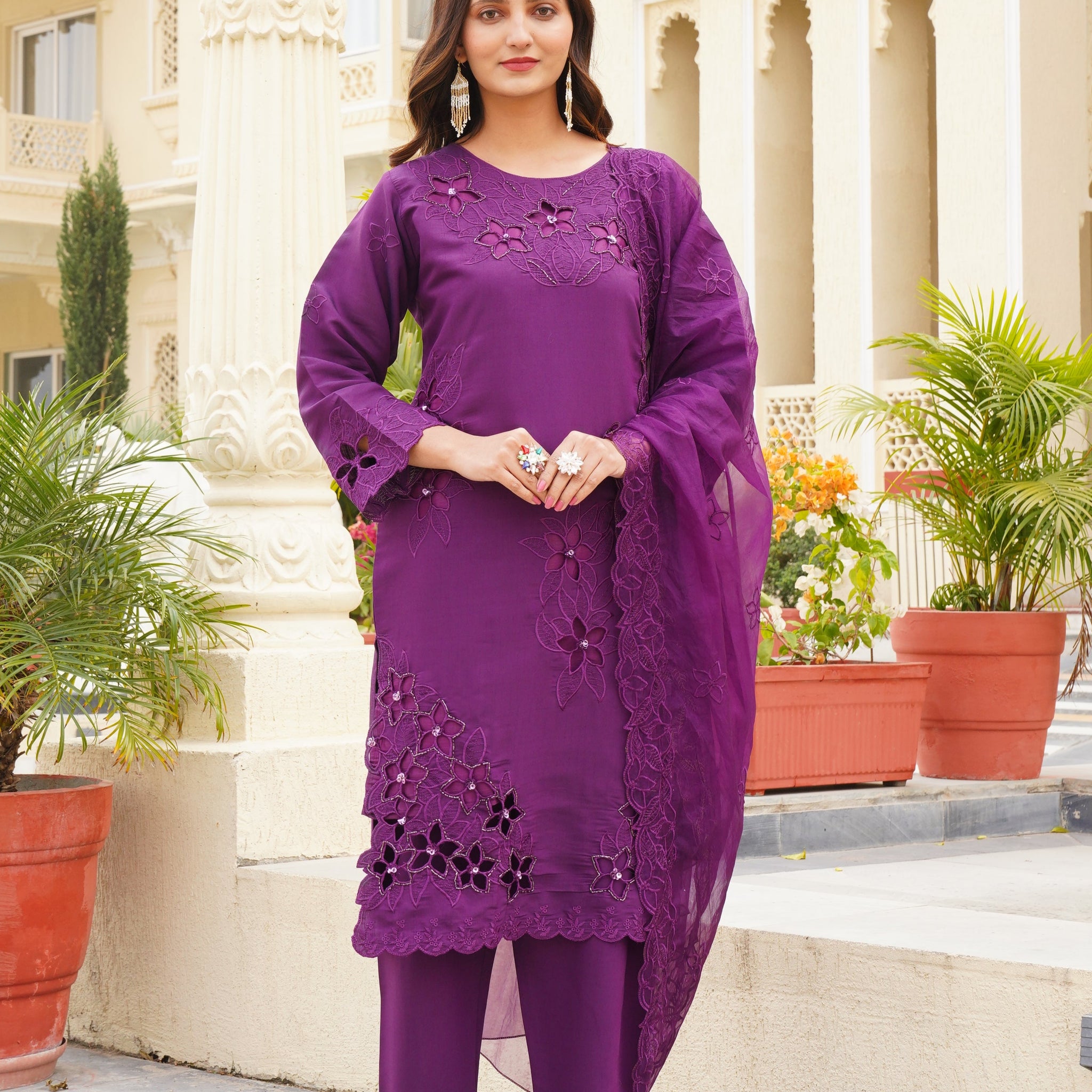 Purple Khatli Cut Work Ragga Roman Silk Suit Set with Organza Dupatta