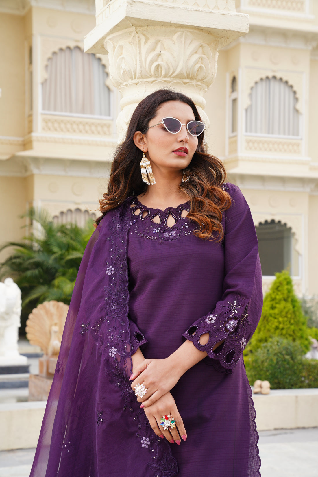 Purple Khatli Cut Work Ragga Roman Silk Suit Set with Dupatta