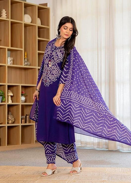Purple Printed Cotton Kurta and Palazzo Set with Dupatta