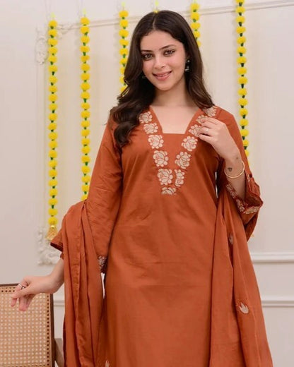 Rust Orange Embroidered Cotton Kurta and Pant Set with Dupatta