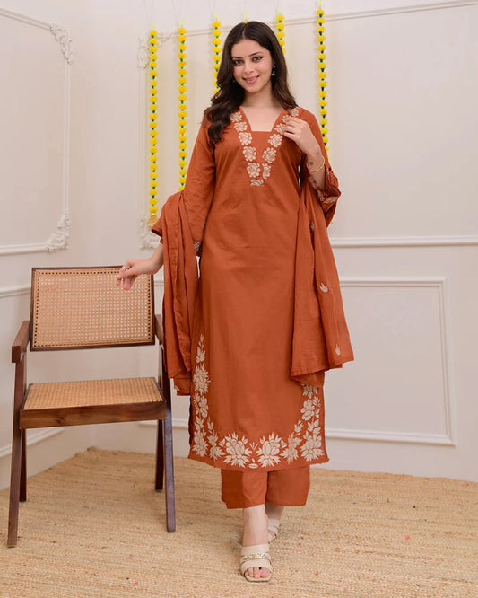 Rust Orange Embroidered Cotton Kurta and Pant Set with Dupatta