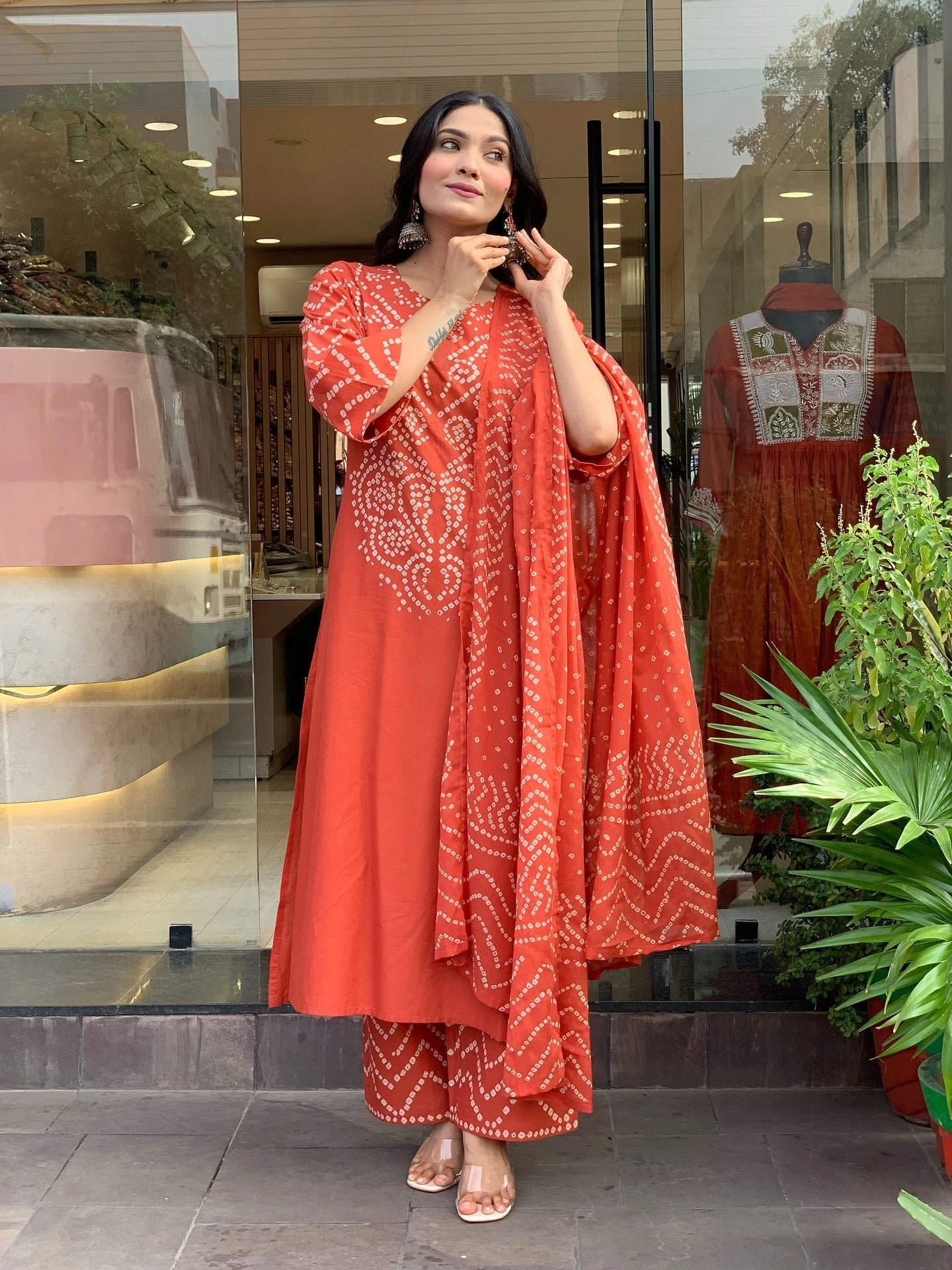 Orange Printed Cotton Kurta and Palazzo Set with Dupatta