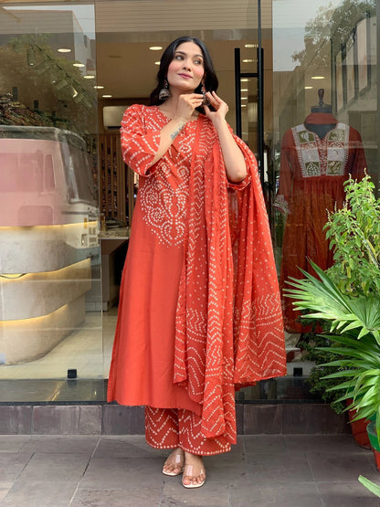 Orange Printed Cotton Kurta and Palazzo Set with Dupatta