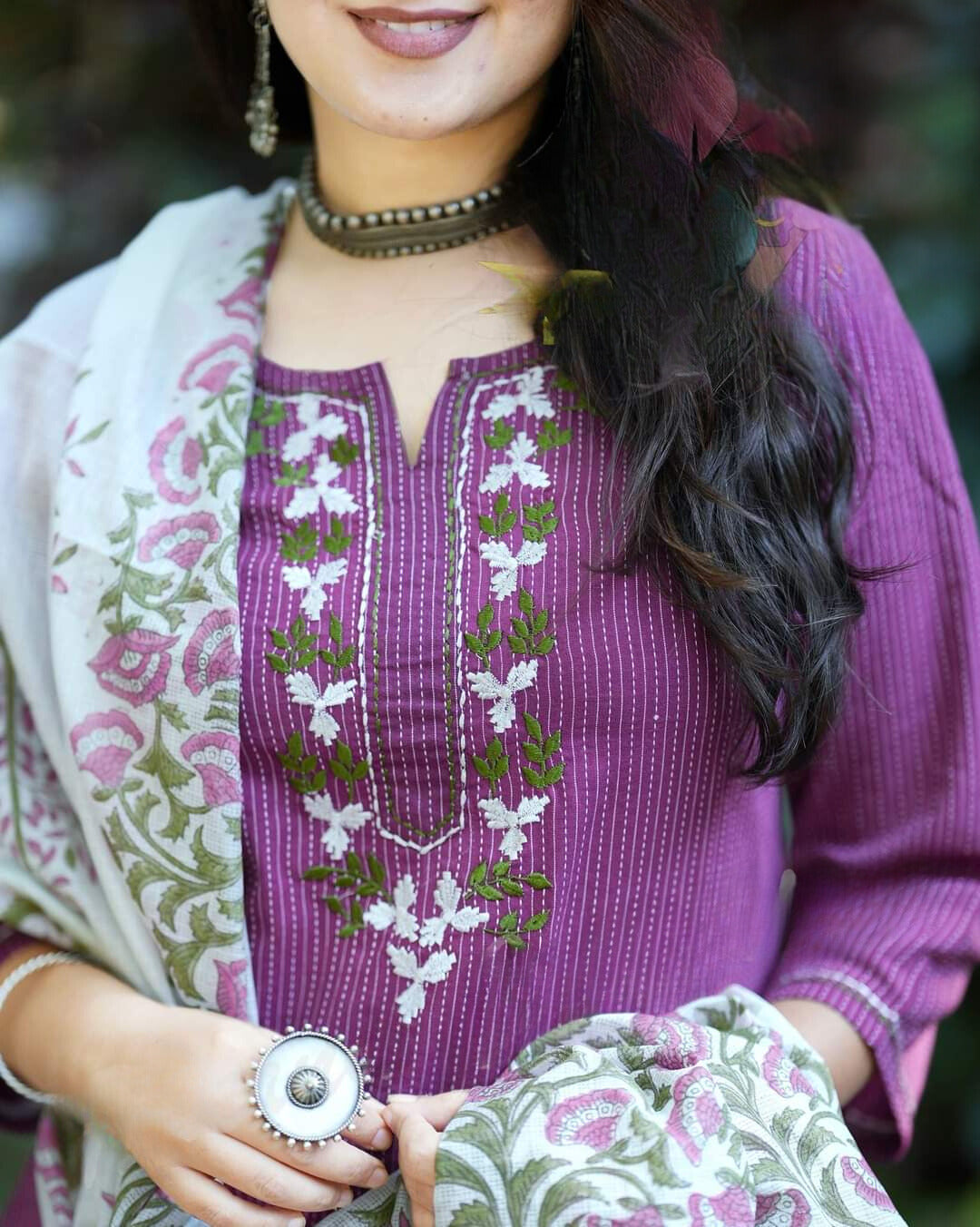 Purple Embroidered Katha Cotton Suit Set with Kota Dori Dupatta