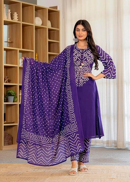 Purple Printed Cotton Kurta and Palazzo Set with Dupatta