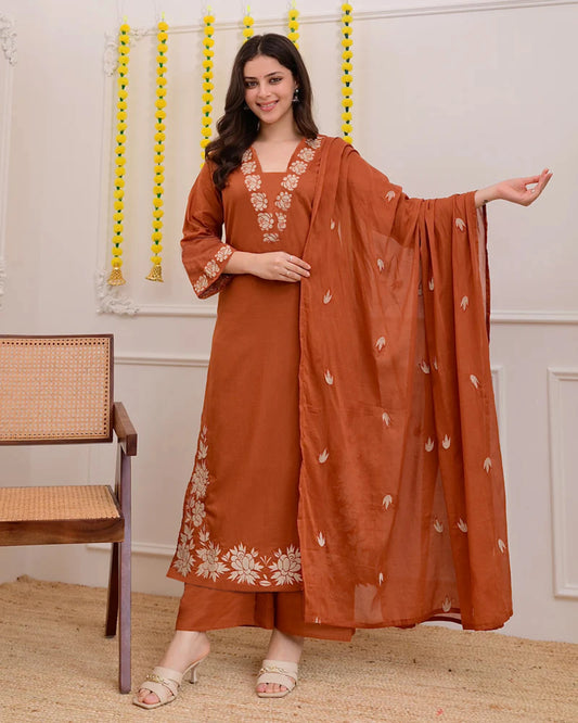 Rust Orange Embroidered Cotton Kurta and Pant Set with Dupatta